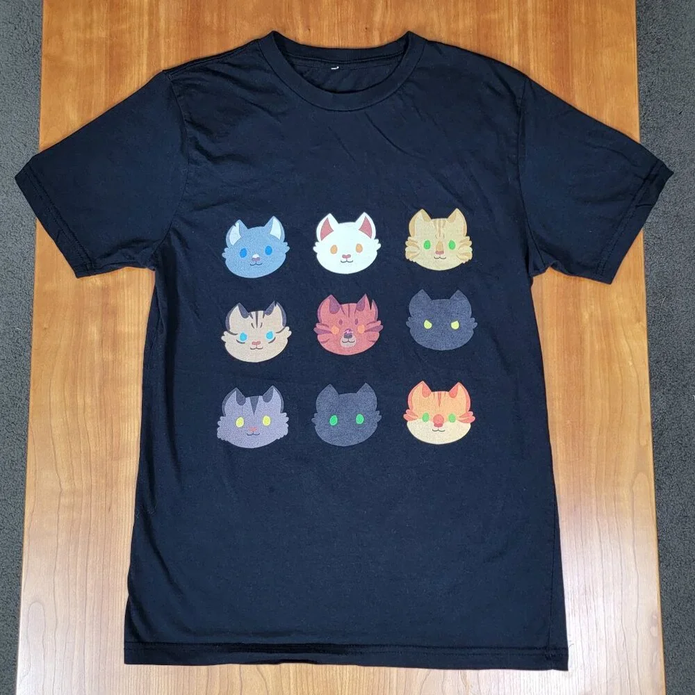 Black Short Sleeve Tee Shirt Cat Faces - S - Picture 3 of 5